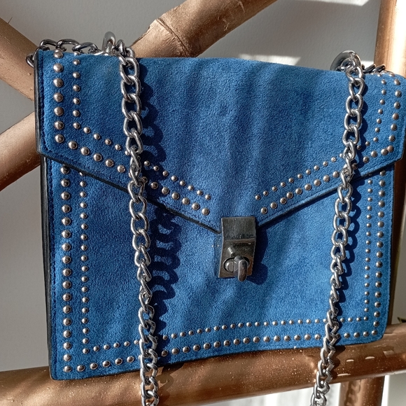 Blue Faux Suede and Faux Leather Sling Bag - Picture 10 of 11
